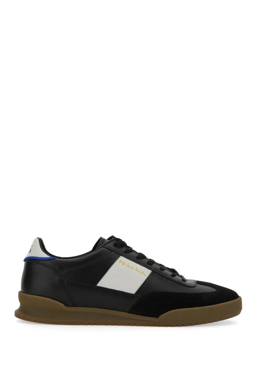 Ps by paul smith men’s dover sneaker black leather with white panel gold logo suede accents and tan rubber sole