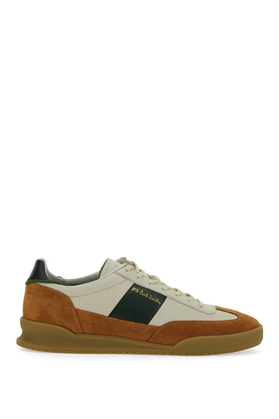 Ps by paul smith men’s dover sneaker low-top in tan suede cream leather with dark green ps paul smith logo panel