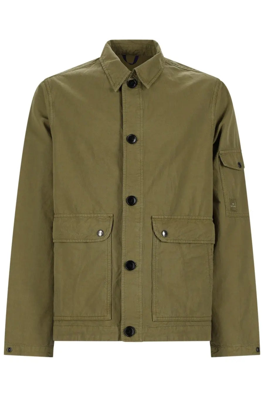 Ps By Paul Smith men’s giacca in olive green cotton utility jacket with black buttons and two front flap pockets