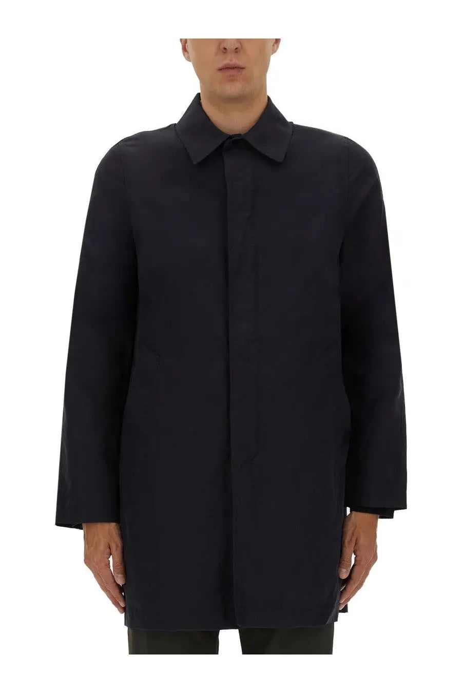 Black minimalist trench coat with structured collar and clean lines for men by ps by paul smith