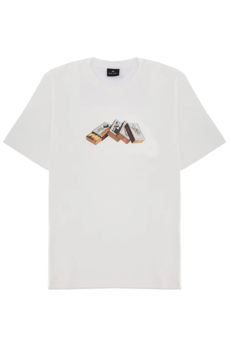 White cotton t-shirt featuring a graphic print of stacked matchboxes in earthy tones from Ps By Paul Smith