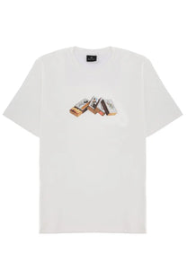 White cotton t-shirt featuring a graphic print of stacked matchboxes in earthy tones from Ps By Paul Smith
