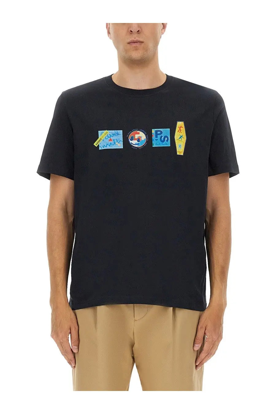 Black ps by paul smith men’s regular fit shirt with short sleeves and colorful patch-like graphics across the chest