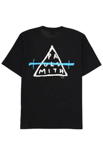Ps by paul smith men’s black short-sleeved t-shirt with white triangle logo and light blue horizontal bar across center