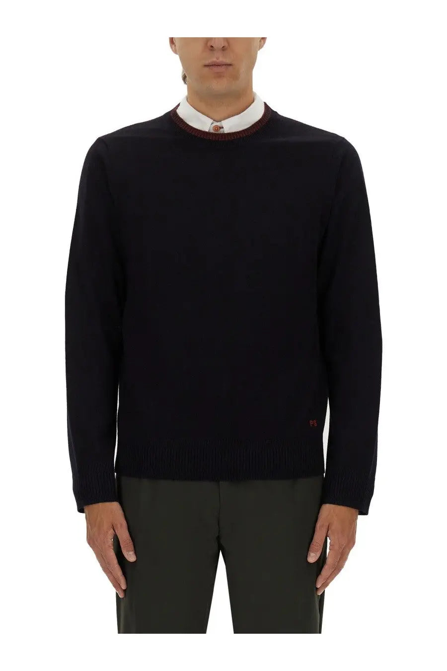 Black crewneck sweater with maroon trim and embroidered logo on sleeve for ps by paul smith men’s shirt blue product