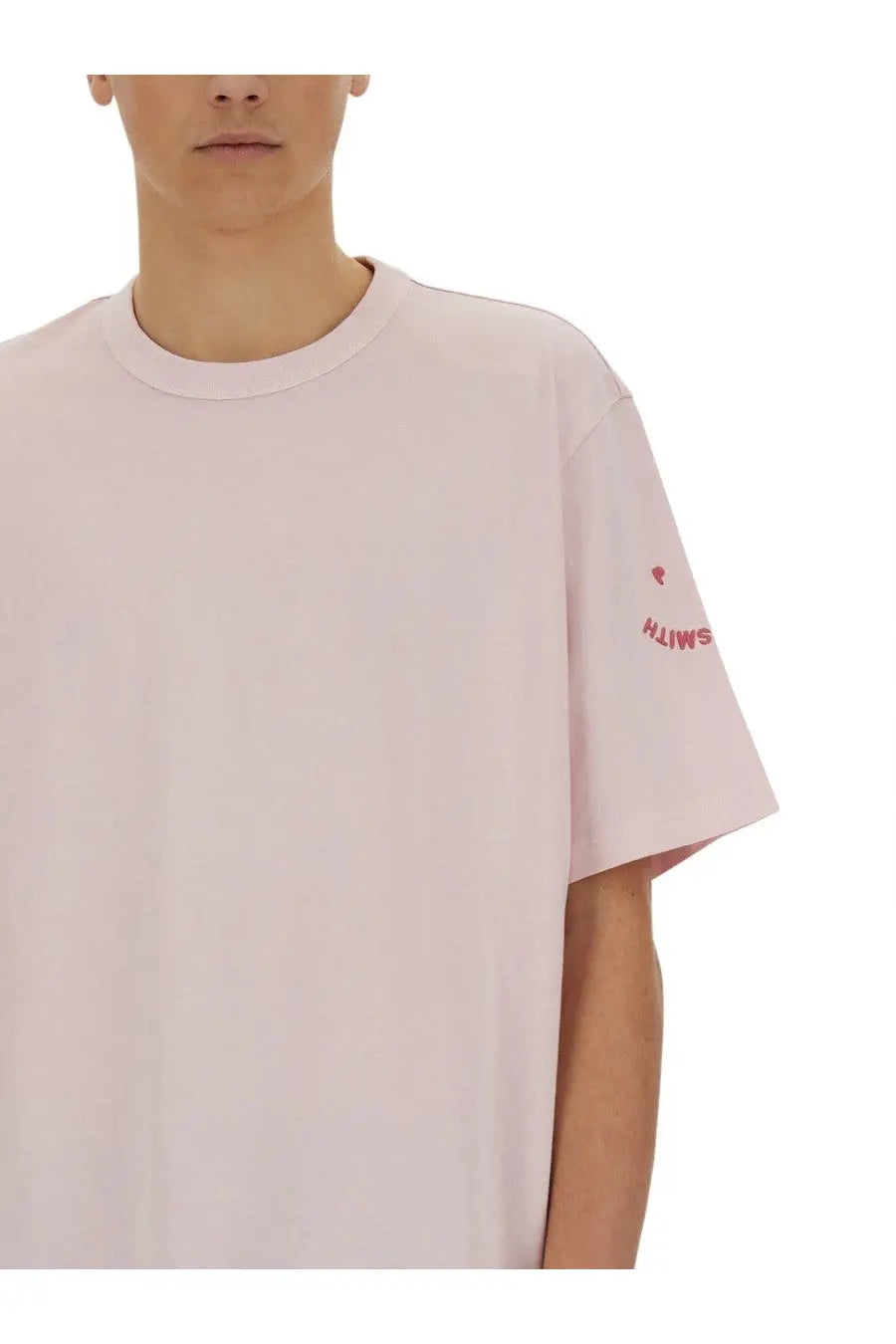Ps by paul smith men’s blue shirt featuring a soft pink oversized crewneck with subtle red sleeve embroidery
