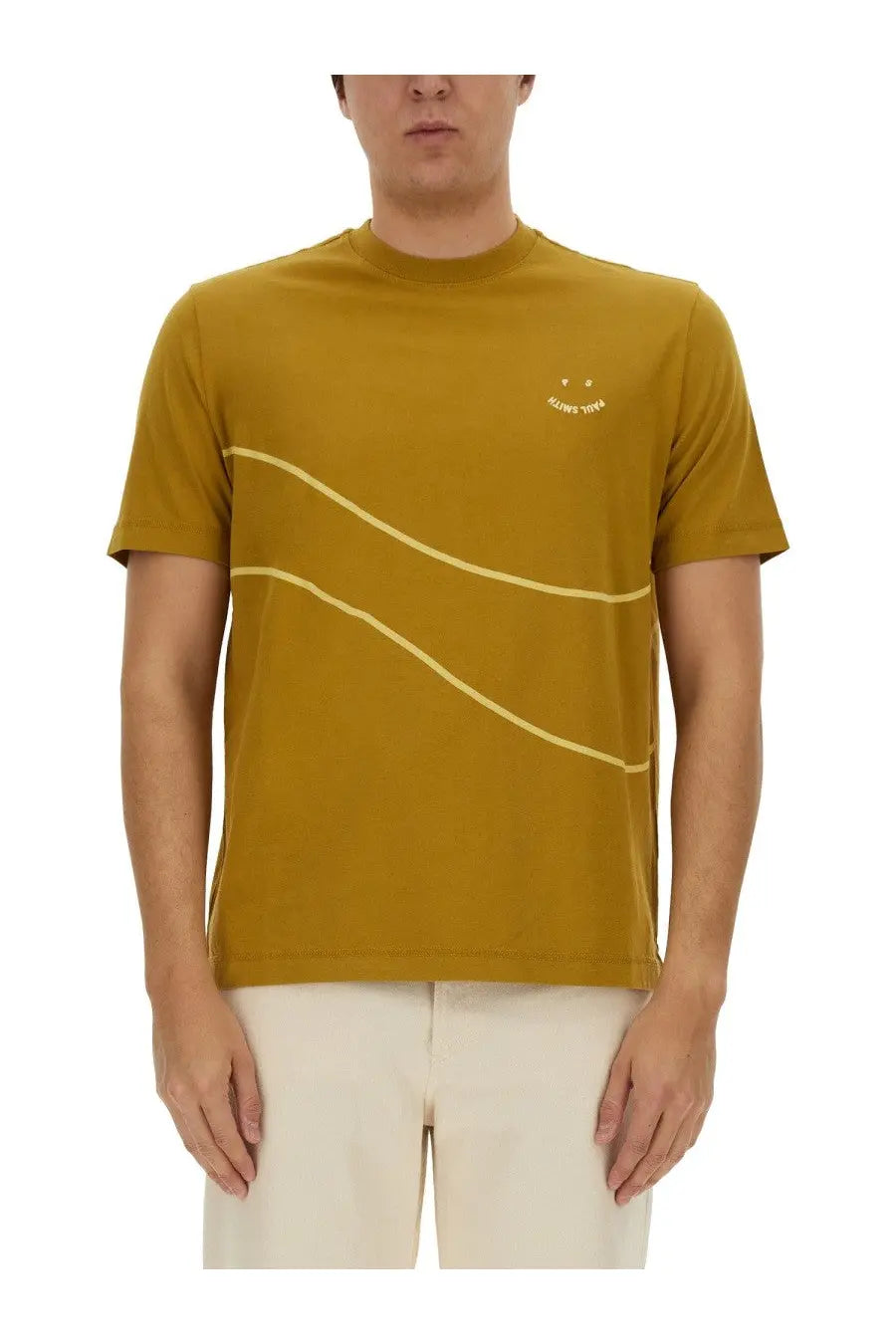 Ps by paul smith men’s mustard yellow short-sleeved cotton t-shirt with cream curved lines and embroidered smiley logo