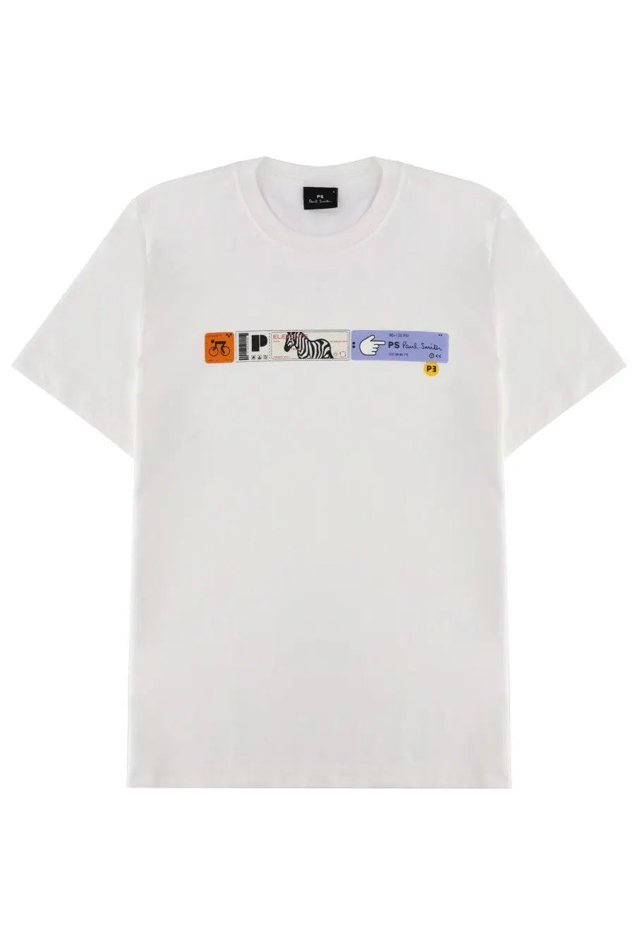 White cotton ps by paul smith men’s t-shirt with colorful horizontal graphic print featuring orange square and zebra pattern