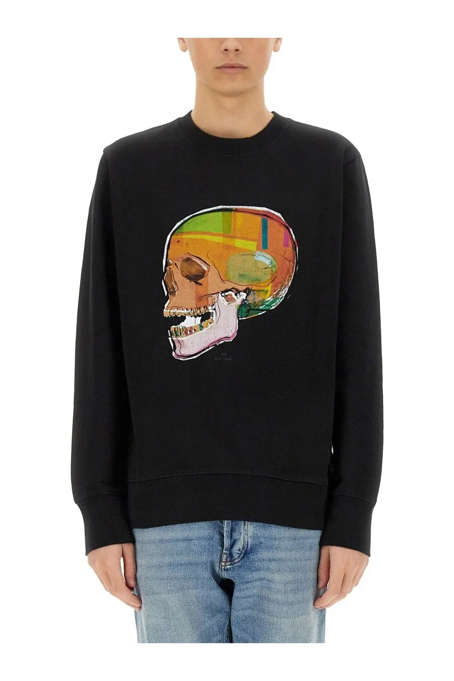 Black Ps by Paul Smith men’s crewneck sweatshirt with vibrant multicolored skull sketch print and geometric patterns