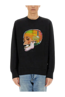 Black Ps by Paul Smith men’s crewneck sweatshirt with vibrant multicolored skull sketch print and geometric patterns