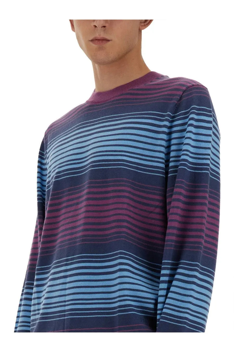 Ps By Paul Smith men’s long sleeved striped shirt with ribbed crew neckline in multicolor blue and purple shades