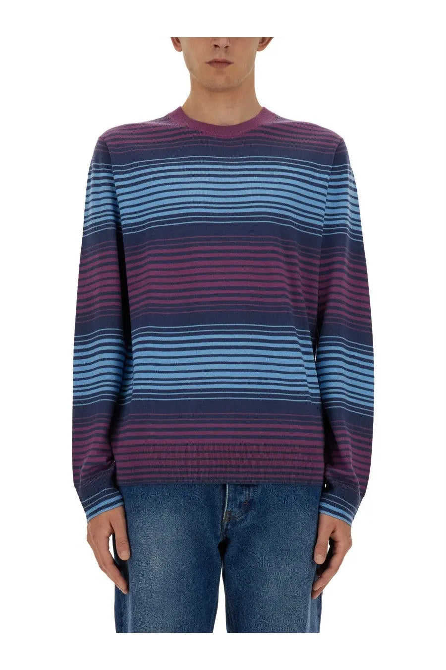 Ps by Paul Smith men’s long-sleeved striped sweater in multicolor blue and purple with ribbed crew neck and cuffs