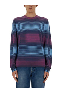 Ps by Paul Smith men’s long-sleeved striped sweater in multicolor blue and purple with ribbed crew neck and cuffs