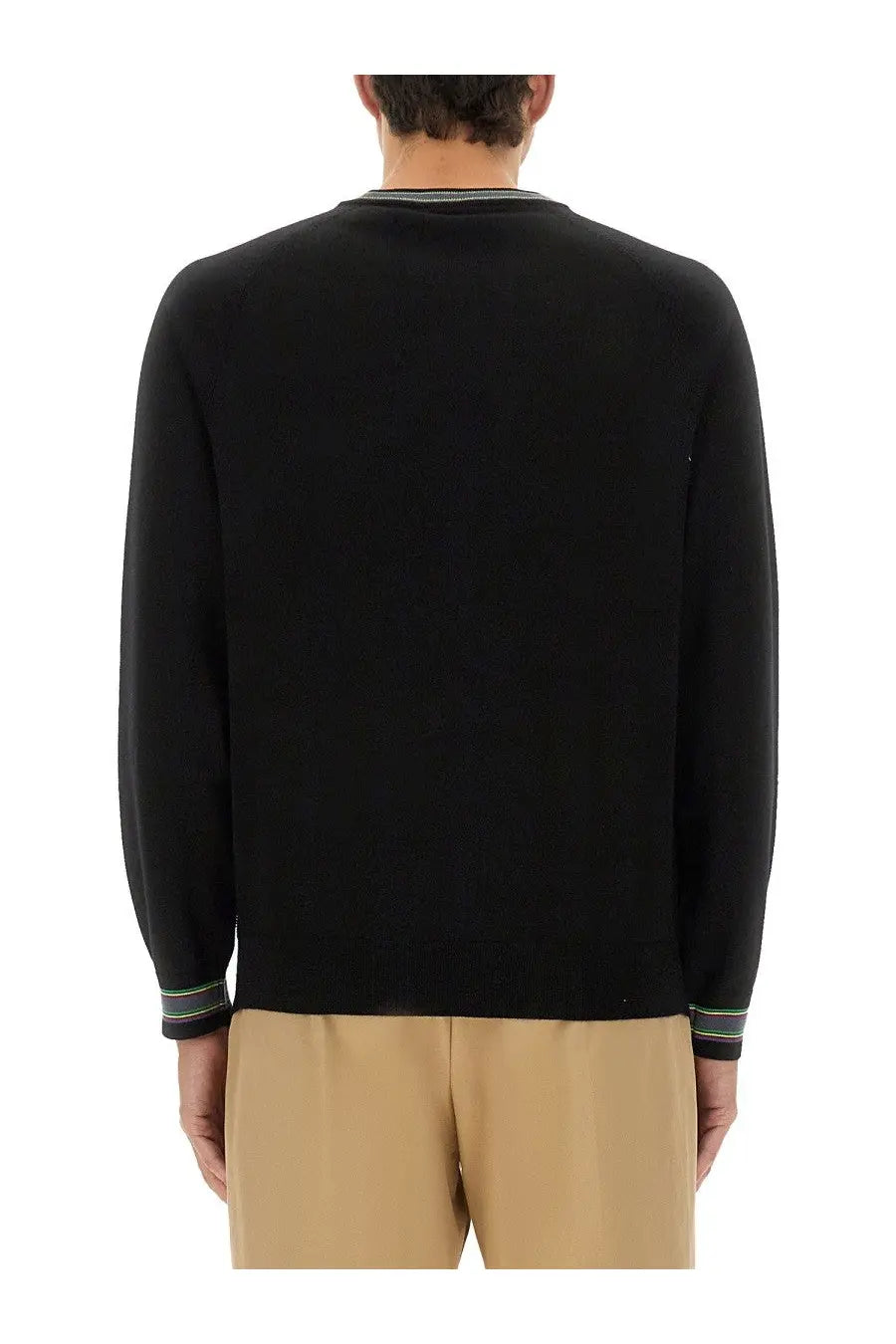 Ps by paul smith men’s black wool and cotton sweater with subtle striped trim at neckline and cuffs