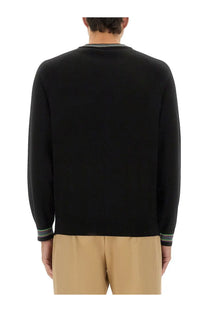 Ps by paul smith men’s black wool and cotton sweater with subtle striped trim at neckline and cuffs