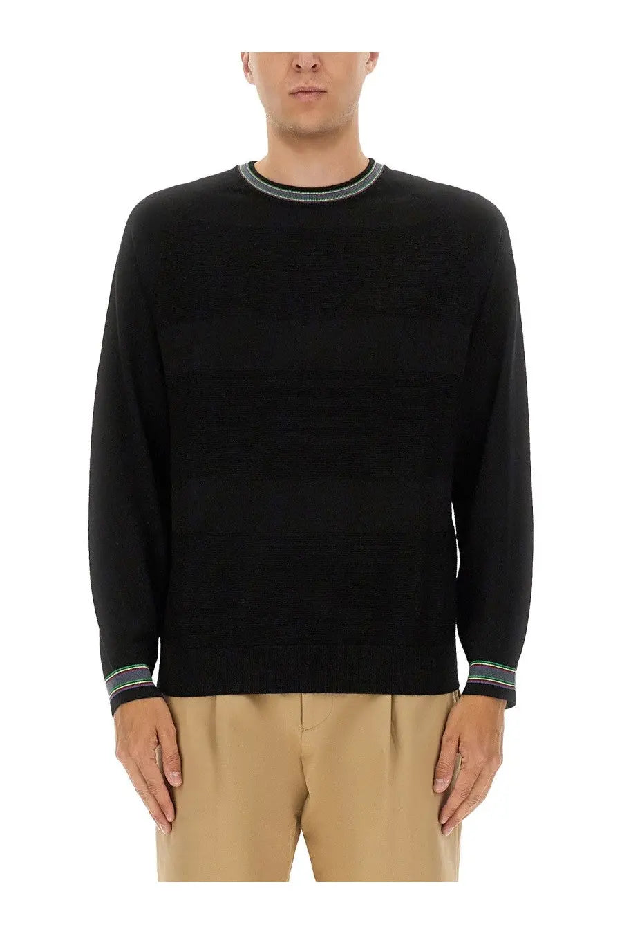 Ps by Paul Smith men’s black wool and cotton sweater with subtle ribbed texture and striped trim on neckline cuffs and hem