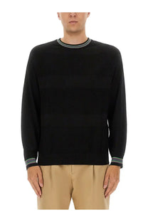 Ps by Paul Smith men’s black wool and cotton sweater with subtle ribbed texture and striped trim on neckline cuffs and hem