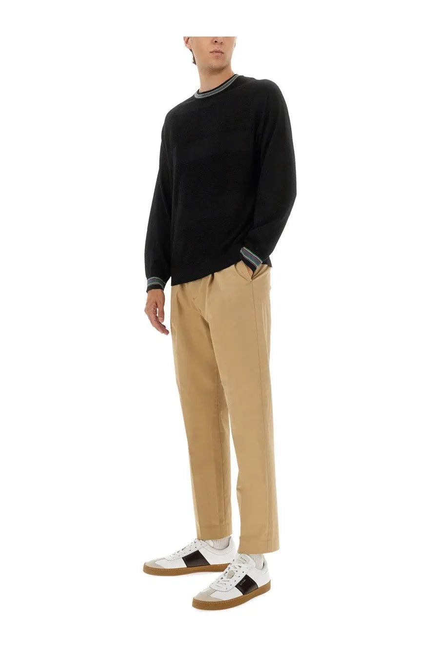 Ps by paul smith men’s black wool and cotton sweater with ribbed cuffs and neckline accented by subtle striped trim