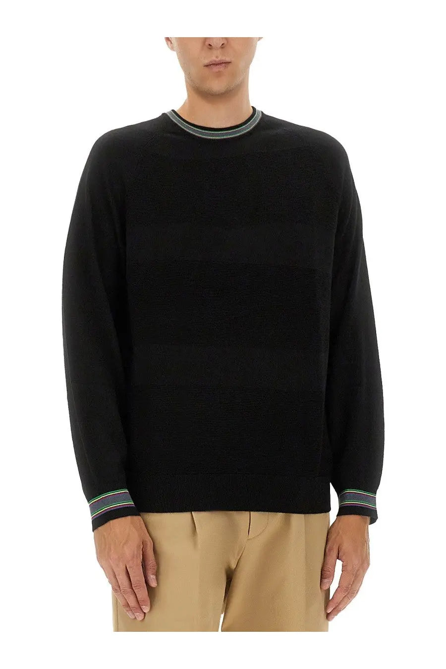 Ps by paul smith men’s black wool and cotton sweater with subtle ribbed texture and colorful striped trim