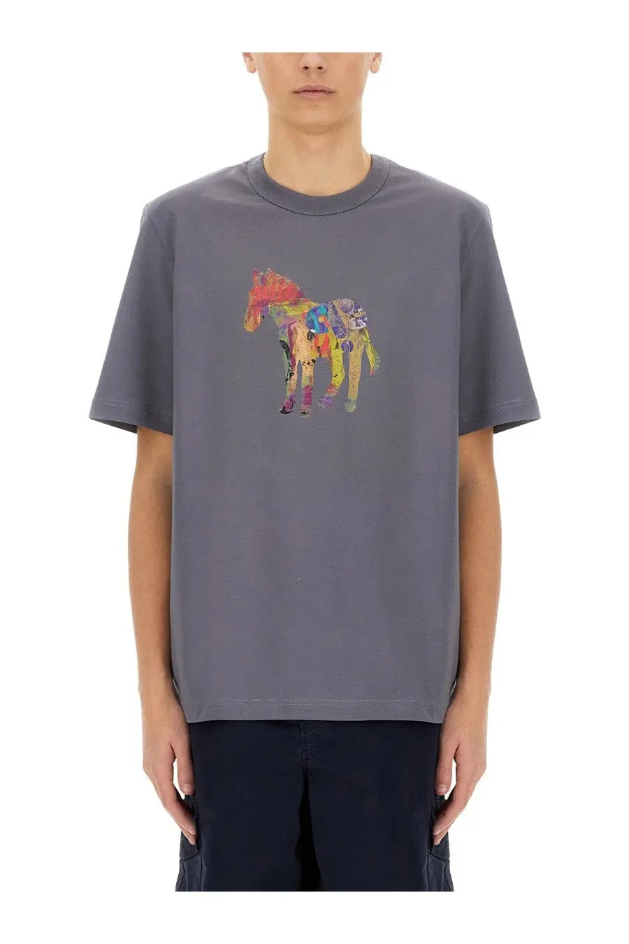 Gray short-sleeved Ps By Paul Smith men’s t-shirt featuring a vibrant multicolored horse graphic on front