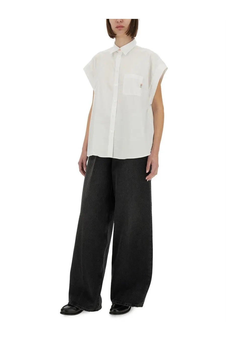 White sleeveless cotton button-up shirt with chest pocket and subtle logo by ps by Paul Smith for women