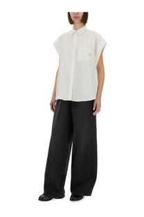 White sleeveless cotton button-up shirt with chest pocket and subtle logo by ps by Paul Smith for women