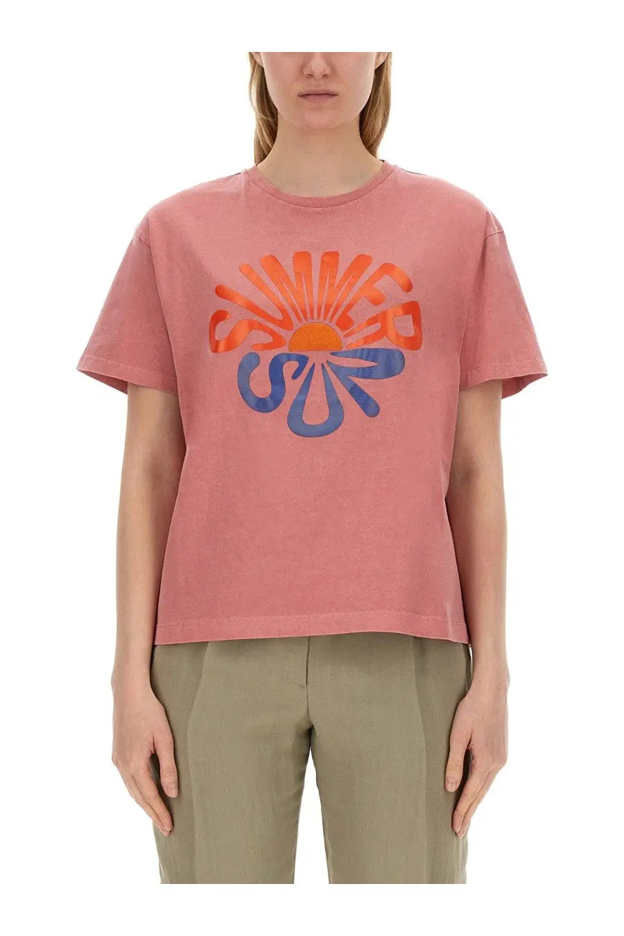 Ps by Paul Smith women’s soft pink short-sleeved t-shirt with bold orange and blue sunset print for summer wear