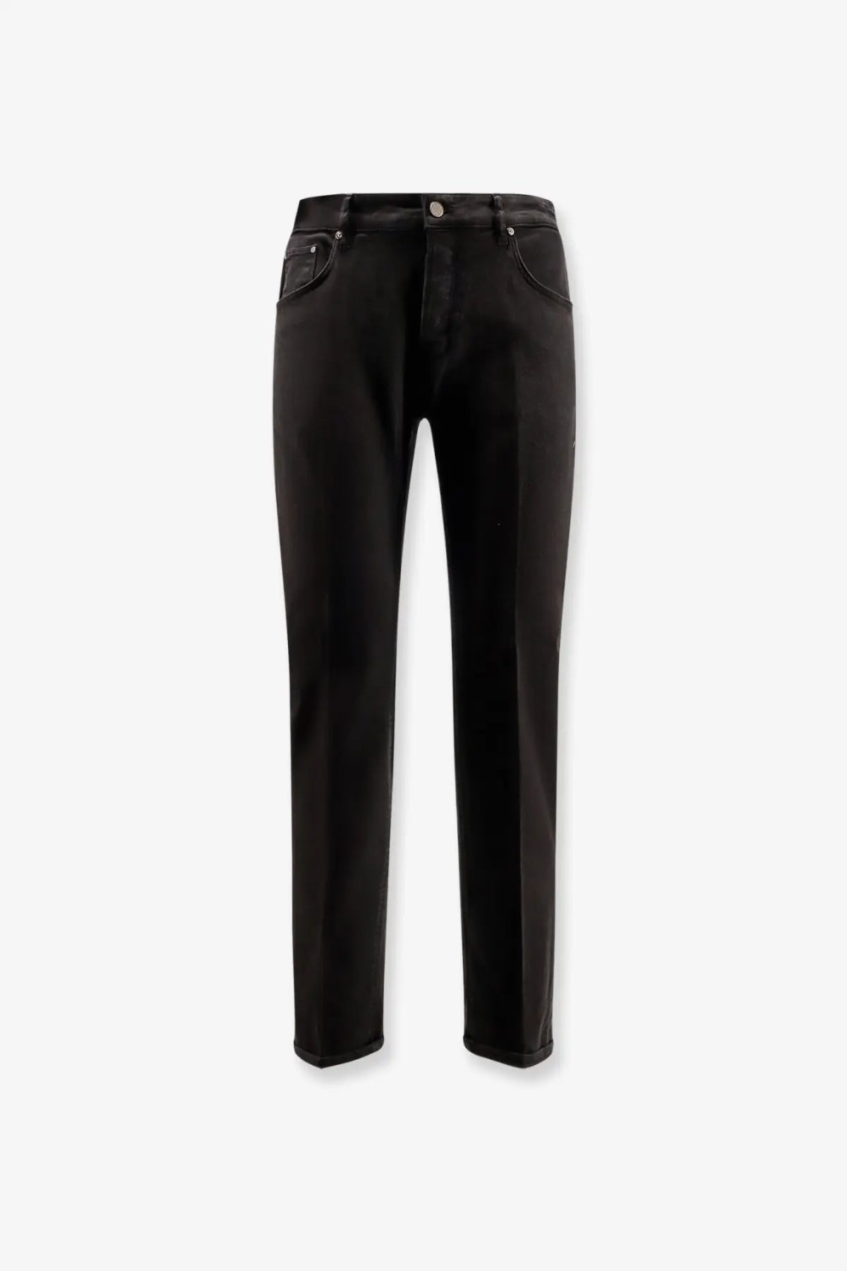 Pt Torino men’s black denim jeans with straight-leg cut and classic five-pocket design in black denim material