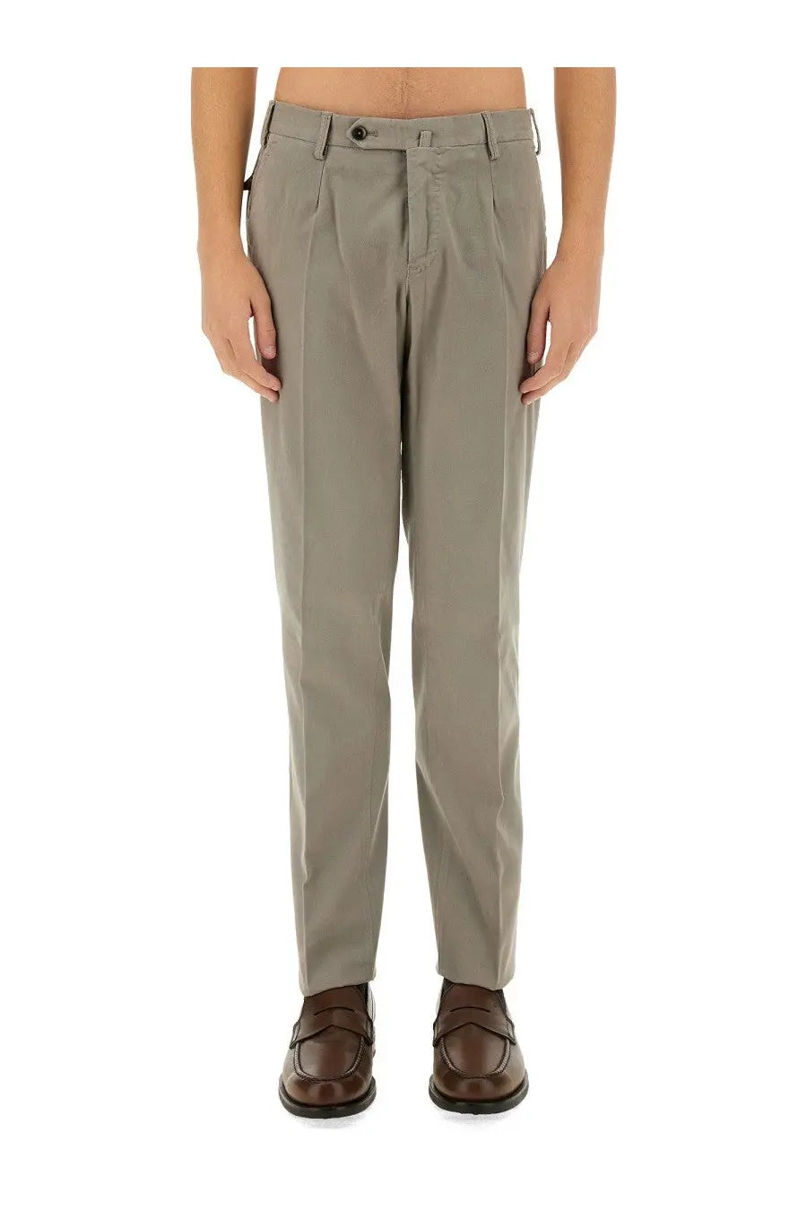 Pt torino men’s gabardine pants grey tailored pleated trousers with button and zipper closure in khaki color
