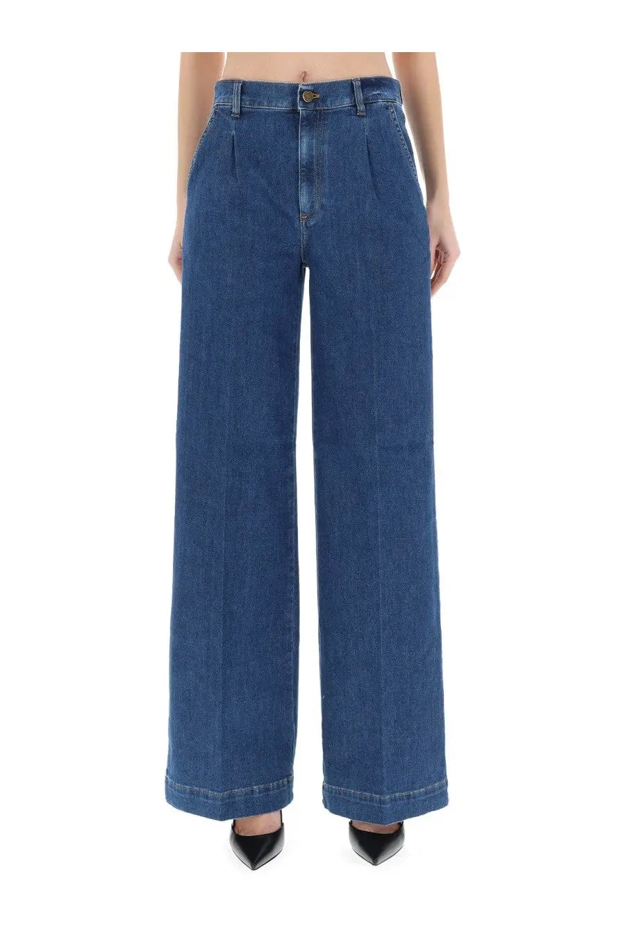 Pt torino women’s jeans poppy blue high waist blue denim wide-leg trousers with pleated front