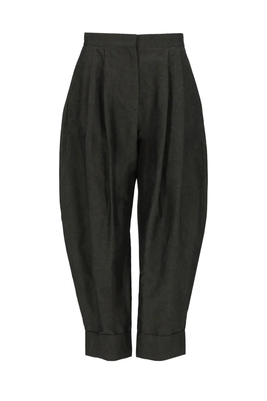 Pt Torino women’s pantalone cloe black high-waisted trousers with pleated front and cuffed ankles in lino cotone gray