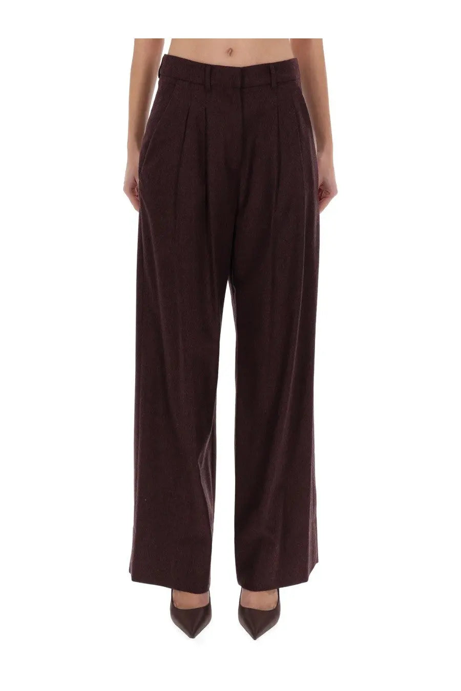 Pt Torino women’s pants Frankie red featuring dark brown high-waisted wide-leg trousers with pleated front and tailored fit