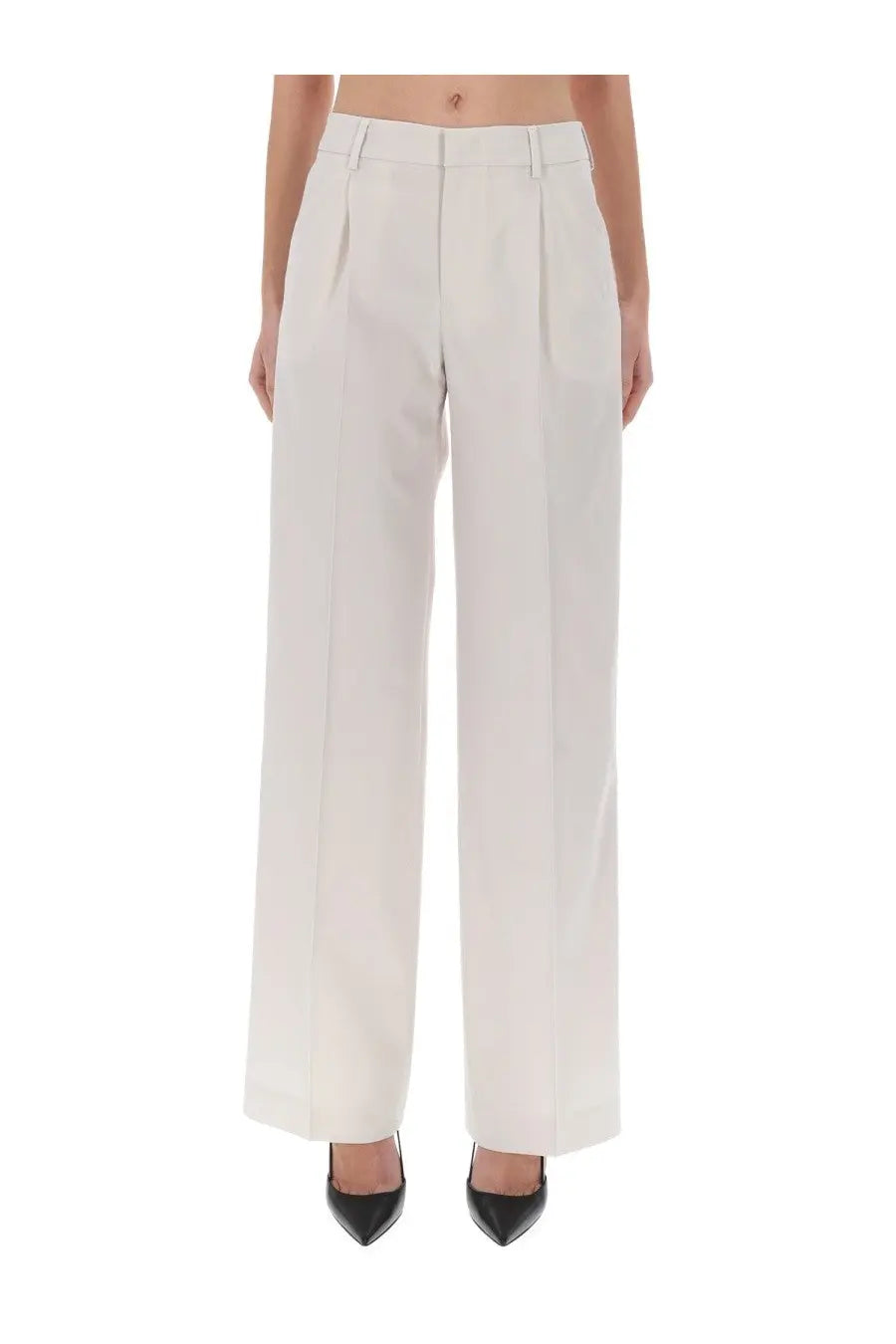 Pt Torino women’s pants Lola pink in white pleated wide-leg design with clean tailored look and lightweight fabric