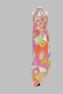 Pucci women’s abito in twill di seta multicolor with vibrant pink orange and mint green geometric halter neck dress