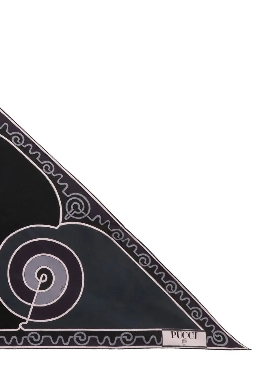 Pucci women’s black silk triangle scarf featuring a bold white and gray spiral design with an ornate border
