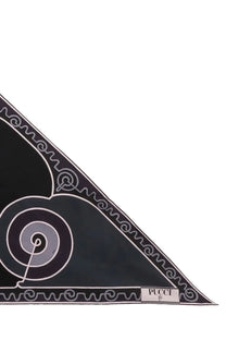 Pucci women’s black silk triangle scarf featuring a bold white and gray spiral design with an ornate border