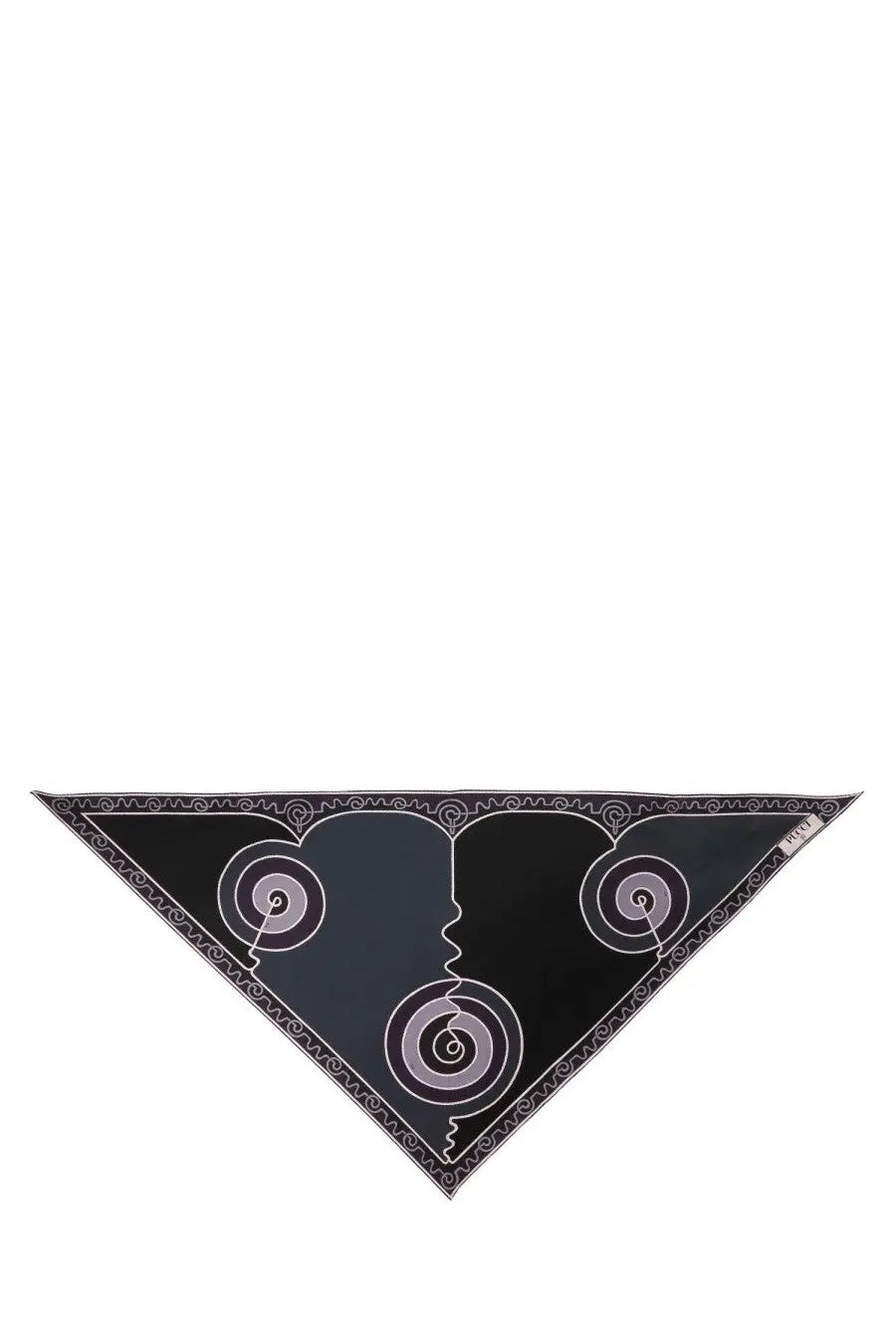 Pucci women’s black silk triangle scarf with silver and light gray geometric spiral motifs and intricate border design