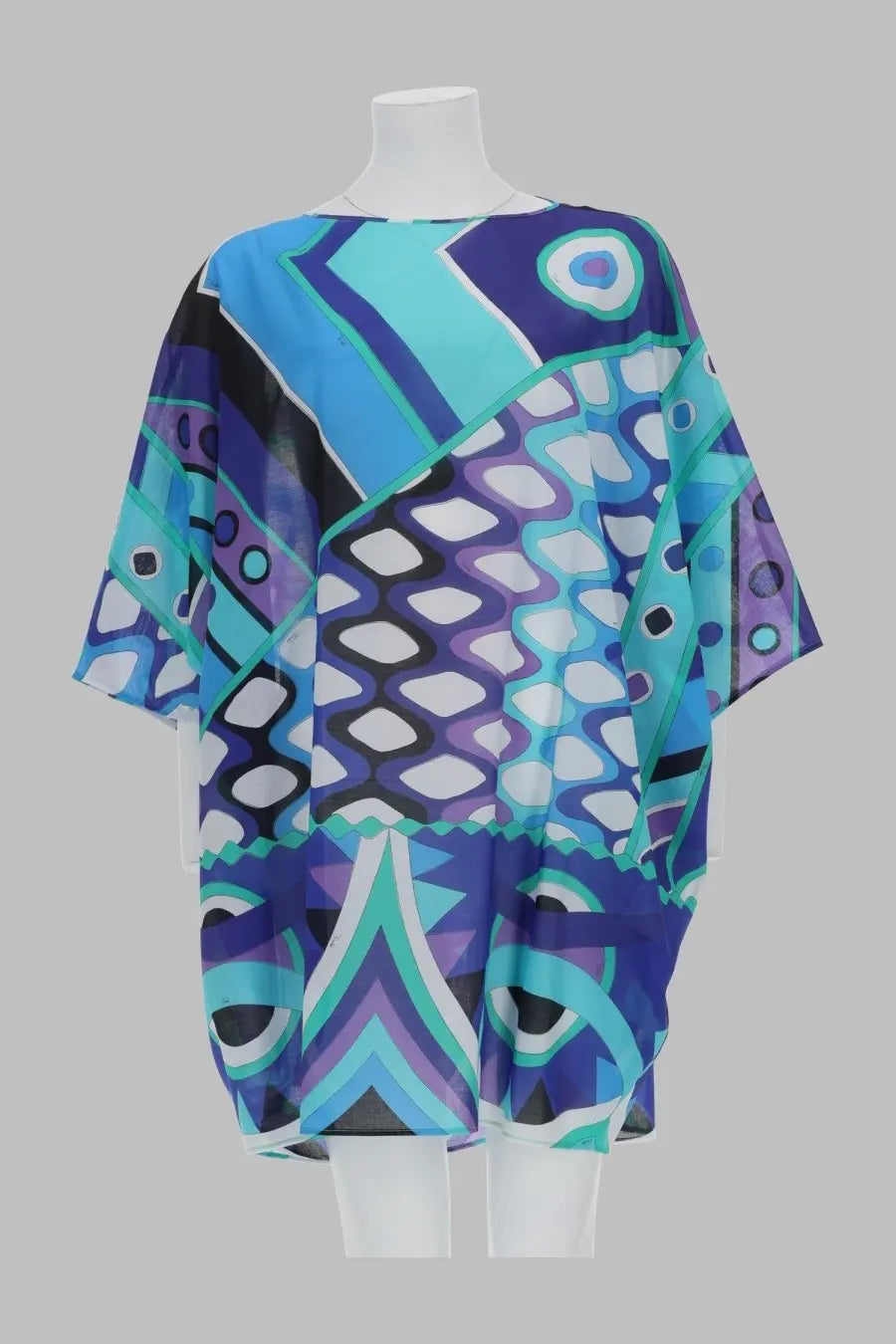 Pucci women’s caftano vivara blue vibrant flowing kaftan with bold geometric pattern in blues purple teal and black accents