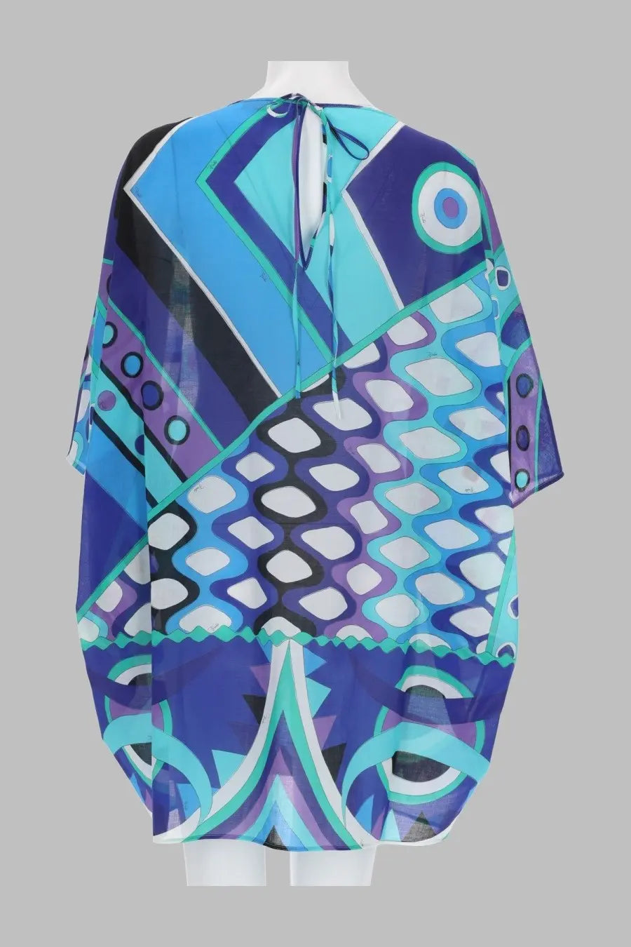 Pucci women’s caftano vivara blue chiffon cape with vibrant blue and purple geometric pattern and tie-back closure view of the back