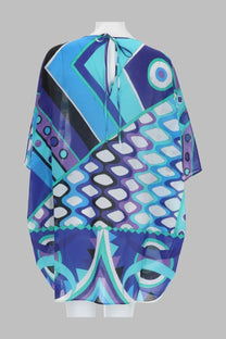 Pucci women’s caftano vivara blue chiffon cape with vibrant blue and purple geometric pattern and tie-back closure view of the back