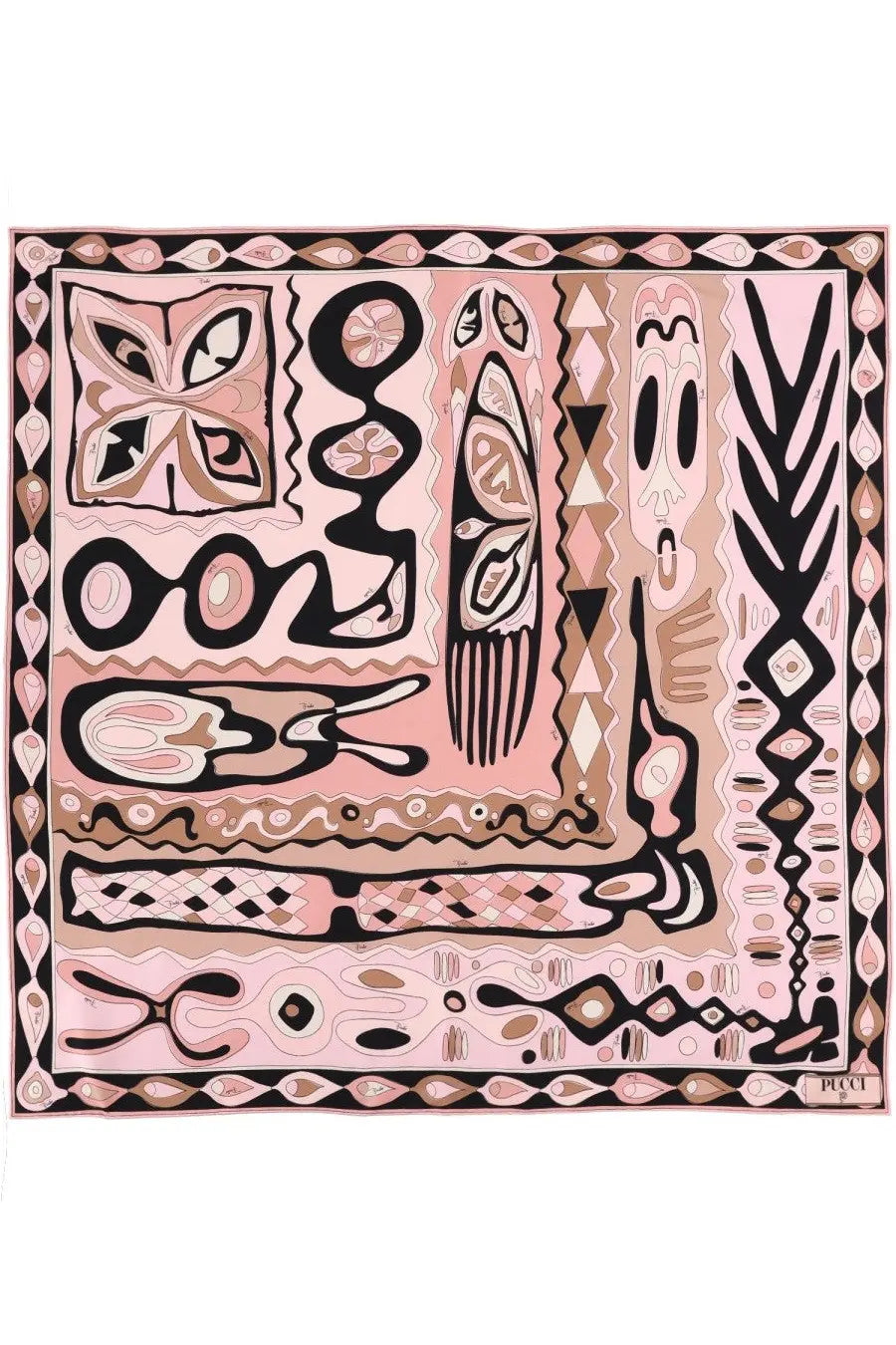 Pucci women’s foulard in seta multicolor silk scarf with pink and black abstract geometric and organic patterns