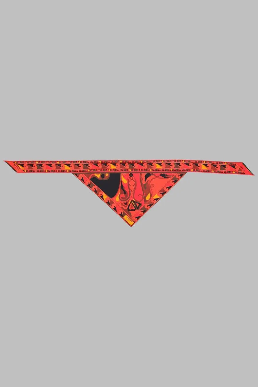 Pucci women’s foulard triangolo con stampa orange vibrant red silk scarf with bold abstract flame design and black accents