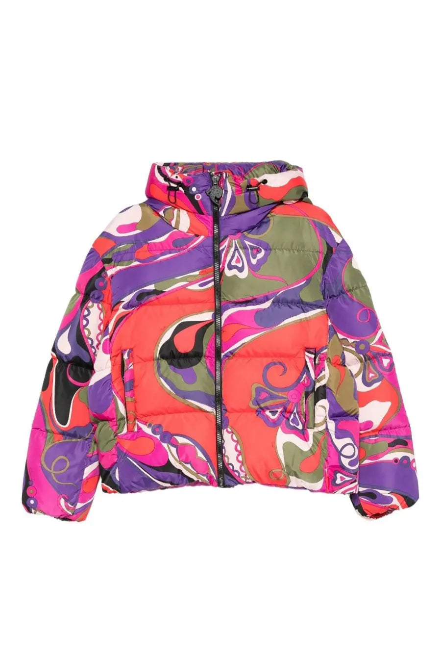 Pucci women’s vibrant puffer-style jacket with bold multicolor abstract orchid print in pink purple orange and green