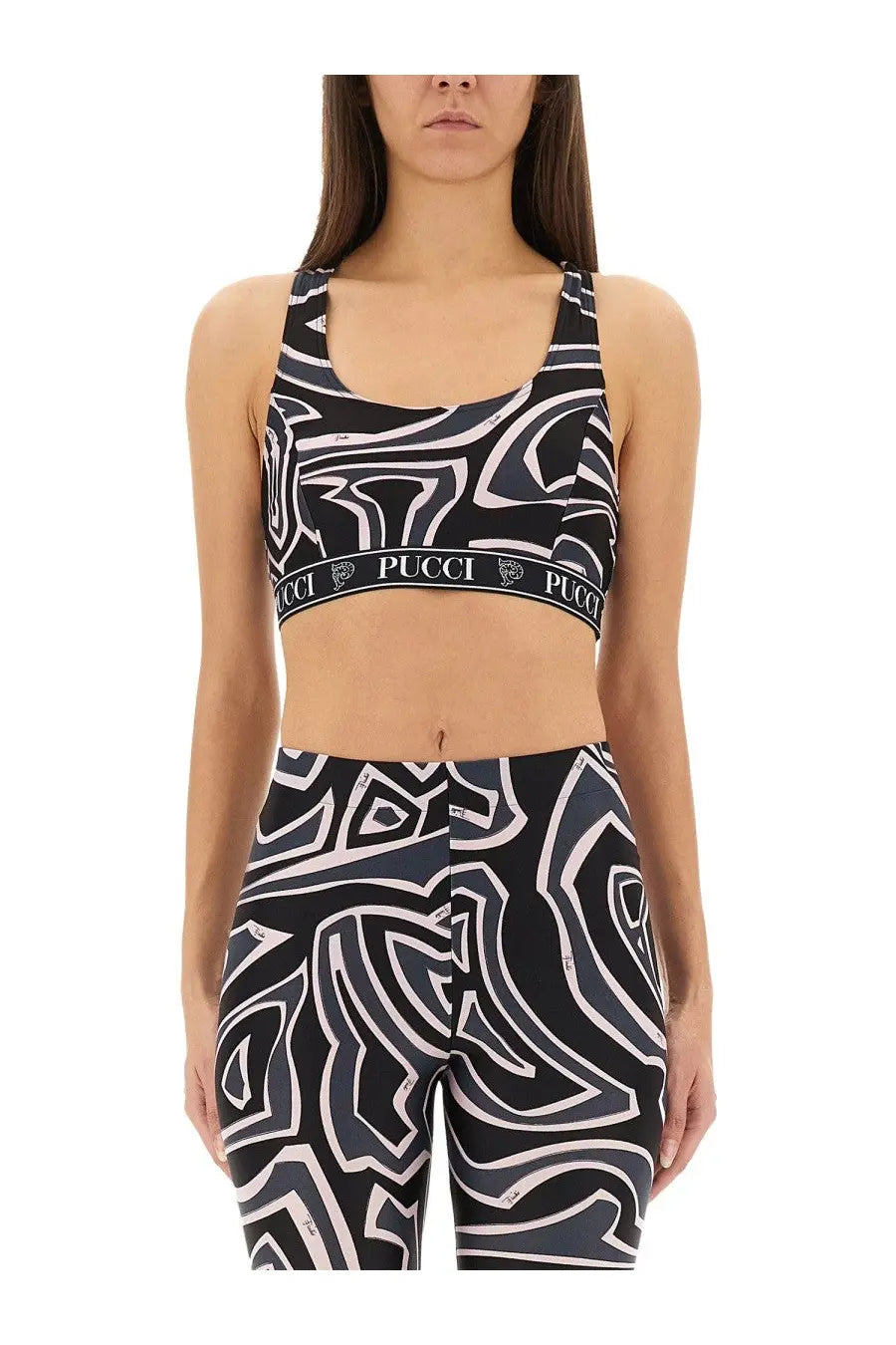 Black and white abstract patterned pucci sports bra with branded elastic band from pucci women’s labyrinth print top multicolor