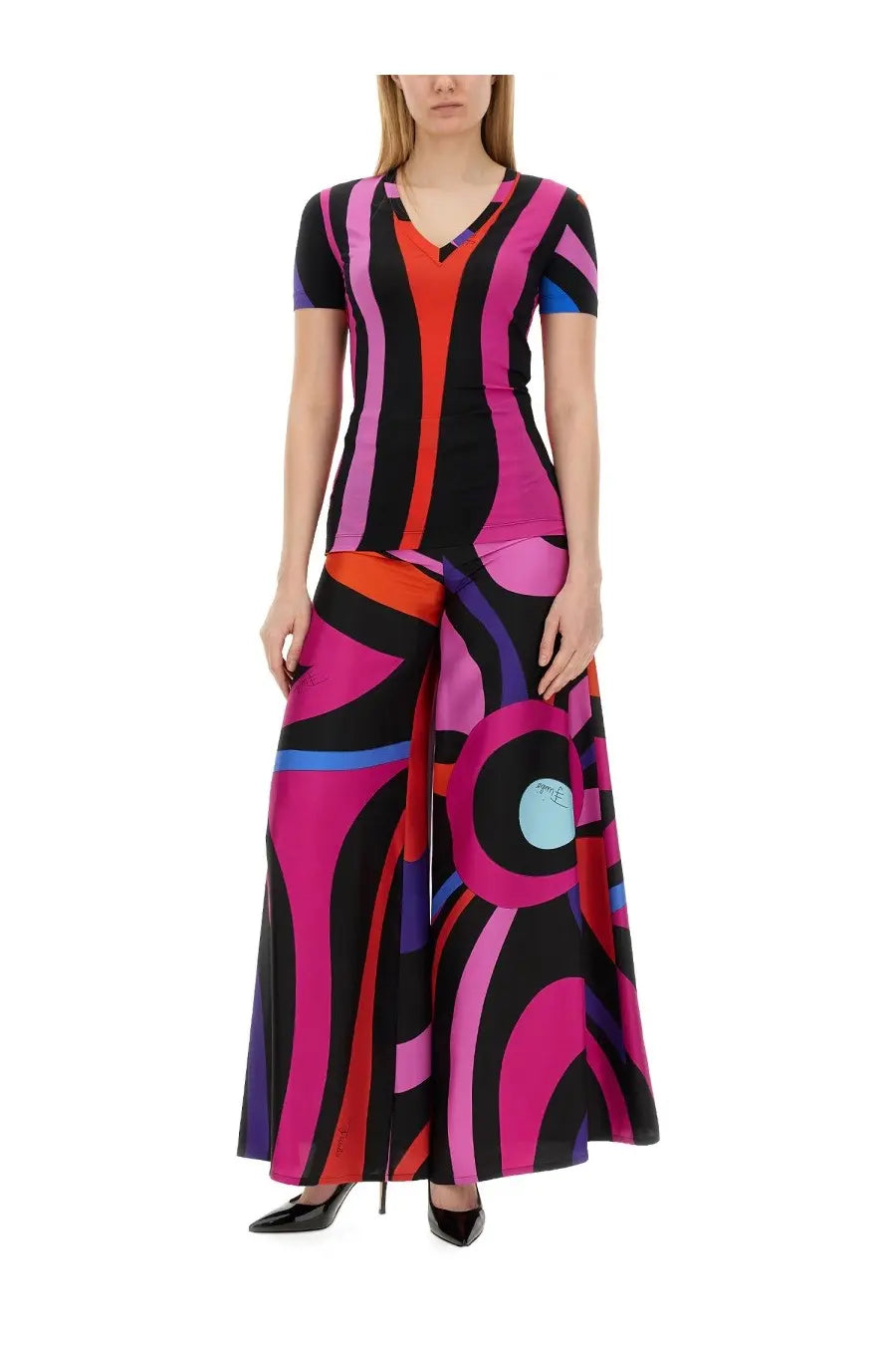 Pucci women’s marble print multicolor two-piece outfit with vibrant geometric pattern in pink black orange and purple