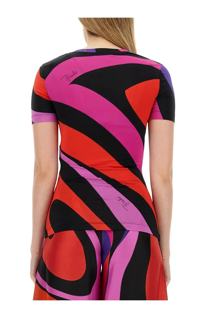 Pucci women’s marble print shirt multicolor with bold diagonal pink red black and purple stripes and logo on back view