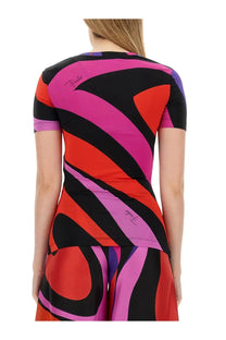 Pucci women’s marble print shirt multicolor with bold diagonal pink red black and purple stripes and logo on back view