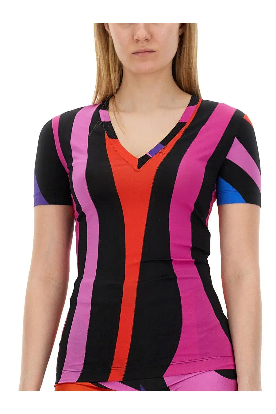 Pucci women’s marble print short-sleeve top with vibrant black pink and orange vertical striped design