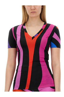 Pucci women’s marble print short-sleeve top with vibrant black pink and orange vertical striped design