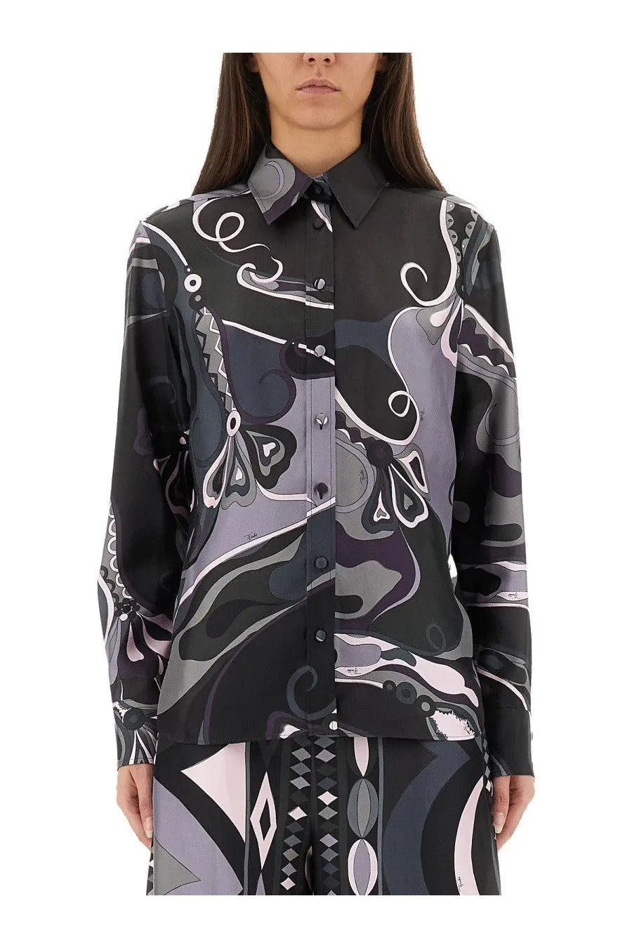 Pucci women’s orchid print shirt black long-sleeve button-up with black and gray abstract pattern and white accents
